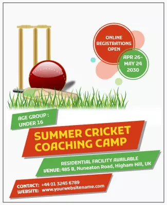 Dynamic Summer Cricket Coaching Camp for Under 16 Poster Template