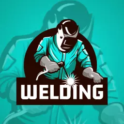 Dynamic Welder in Action Amidst Bright Blue Background Logo Template