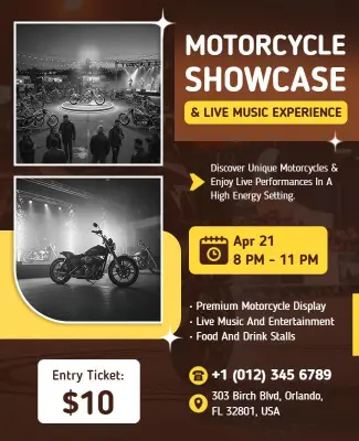 Dynamic Yellow Motorcycle Display and Concert Experience Flyer Template