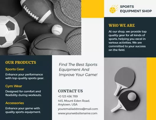 Dynamic Yellow Sports Equipment Shop and Gear Brochure Template