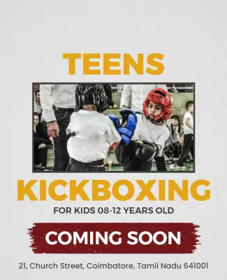 Dynamic Yellow Teens Kickboxing Training Announcement Poster Template