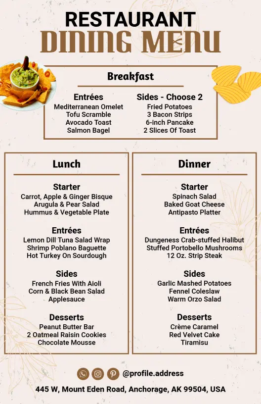 Eclectic Entrées and Gourmet Sides Featuring Tasty Dishes Restaurant Menu Template