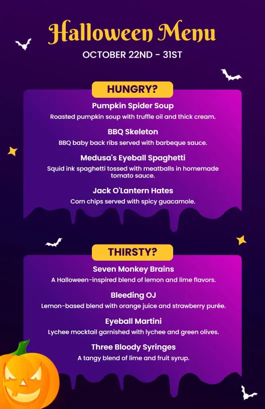 Eerie Black and Purple Halloween Party Cuisine Menu Template