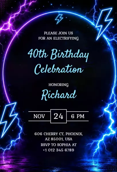 Electrifying Neon 40th Birthday Celebration Invitation Template