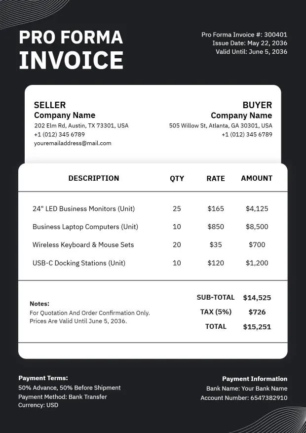 Electronics Equipment Sales Proforma Invoice Template