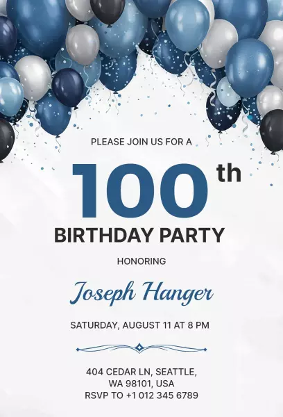 Elegant 100th Birthday Celebration Party Invitation Template