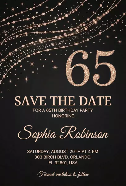 Elegant 65th Birthday Celebration Save The Date Invitation Template