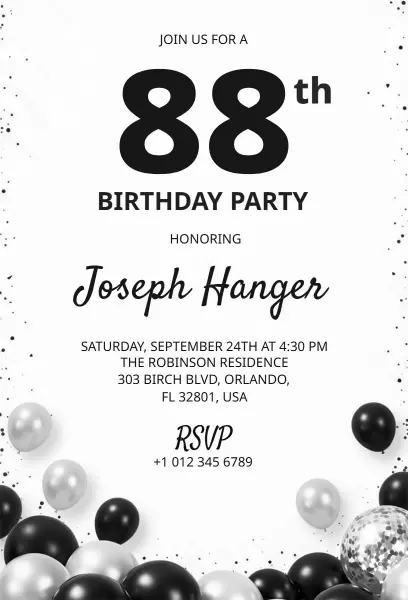 Elegant 88th Black and White Birthday Celebration Invitation Template