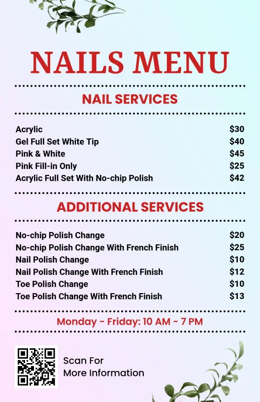 Elegant Acrylic and Gel Services with Polish Options Nail Menu Template