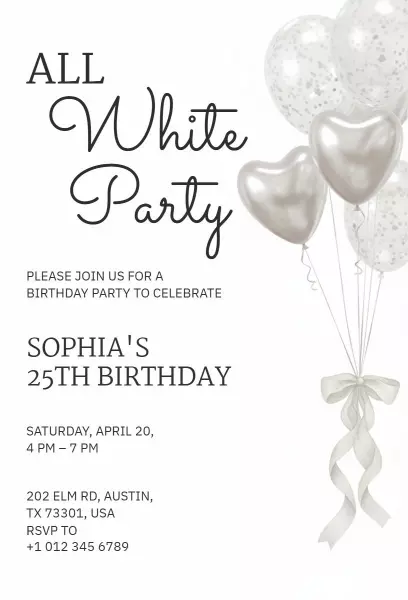 Elegant All White 25th Birthday Party Invitation Template