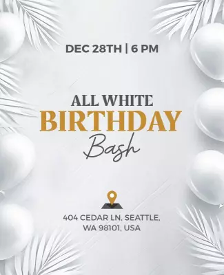 Elegant All White Birthday Bash Celebration Poster Template