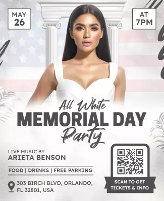 Elegant All White Memorial Day Celebration Party Poster Template