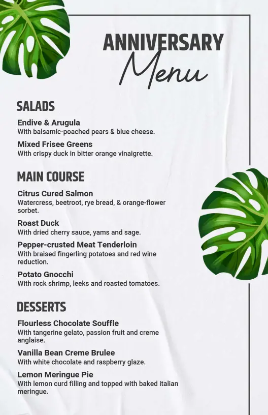 Elegant Anniversary Dinner Salads and Desserts Event Menu Template