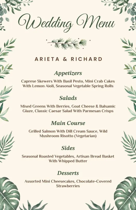 Elegant Appetizers, Salads, and Entrees for a Memorable Wedding Menu Template