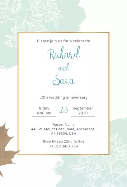 Elegant Aqua Floral 50th Wedding Anniversary Invitation Template