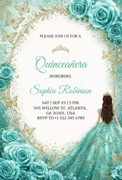 Elegant Aqua Floral Quinceanera Celebration Invitation Template