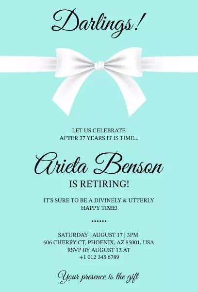 Elegant Aqua Retirement Celebration Party Invitation Template