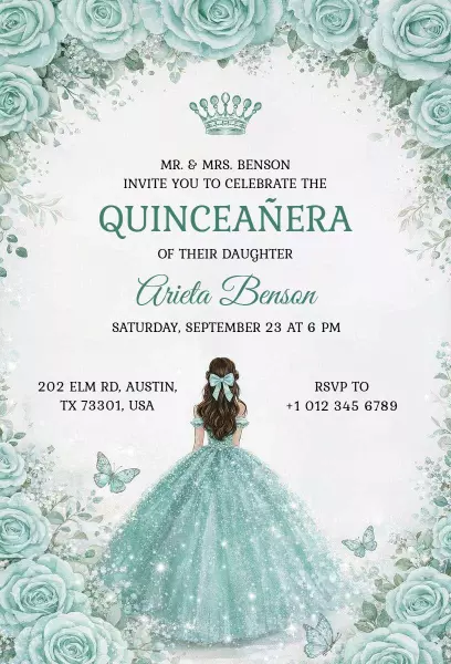 Elegant Aqua Rose Floral Quinceanera Celebration Invitation Template