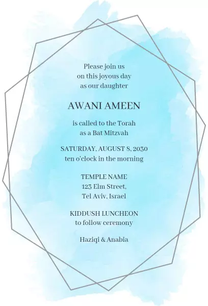 Elegant Aqua Watercolor Bat Mitzvah Celebration Invitation Template