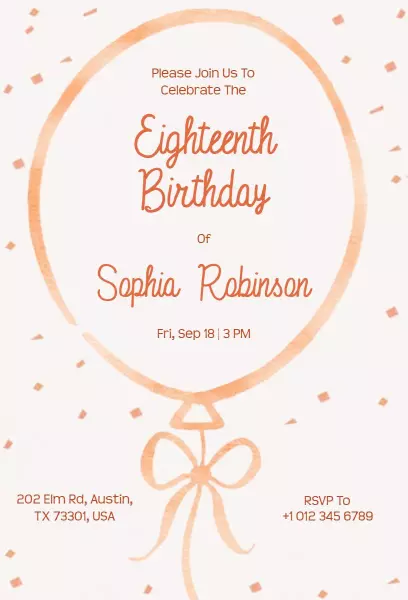 Elegant Balloon Theme Eighteenth Birthday Celebration Invitation Template