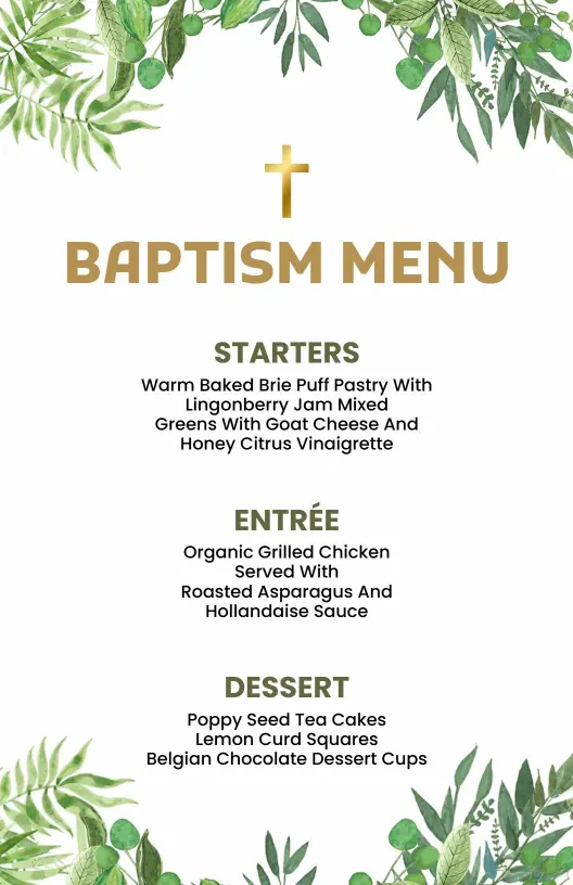Elegant Baptism Celebration Dishes and Desserts Event Menu Template
