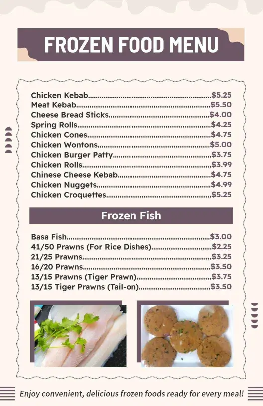 Elegant Beige Delicacies Frozen Cuisine Menu Template