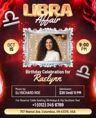 Elegant Birthday Libra Affair Announcement Flyer Template