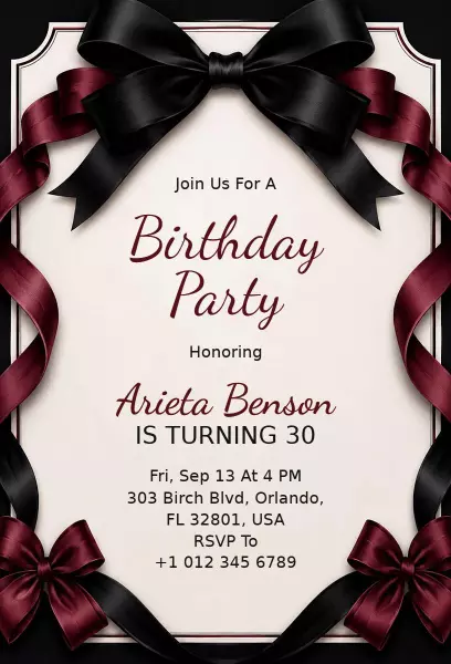 Elegant Black and Burgundy Bow Birthday Party Invitation Template