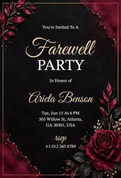 Elegant Black and Burgundy Farewell Party Invitation Template