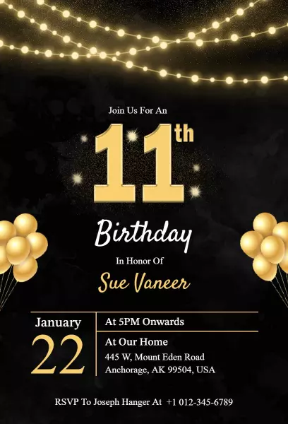 Elegant Black and Gold 11th Birthday Celebration Invitation Template