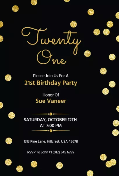 Elegant Black and Gold 21st Birthday Celebration Invitation Template