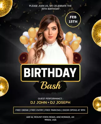 Elegant Black and Gold 25th Birthday Bash Poster Template
