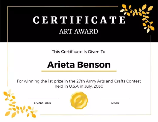 Elegant Black and Gold Art Award Recognition Certificate Template