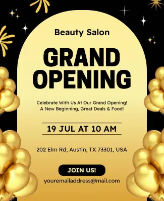 Elegant Black and Gold Beauty Salon Grand Opening Flyer Template