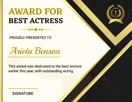 Elegant Black and Gold Best Actress Award Certificate Template
