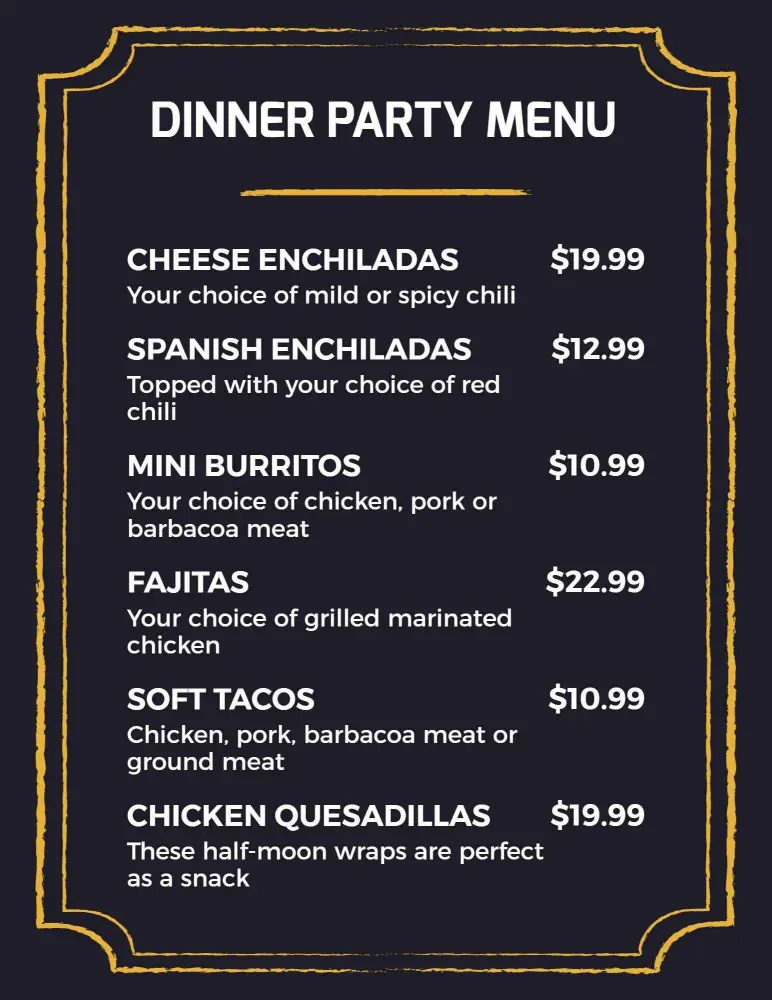 Elegant Black and Gold Dinner Party Menu Template