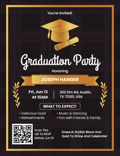 Elegant Black and Gold Graduation Party Flyer Template