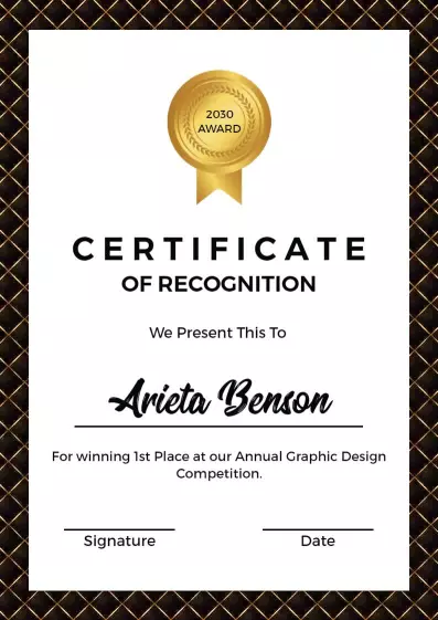 Elegant Black and Gold Graphic Design Competition Recognition Certificate Template