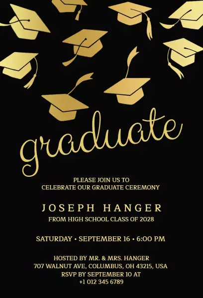 Elegant Black and Gold High School Graduation Invitation Template
