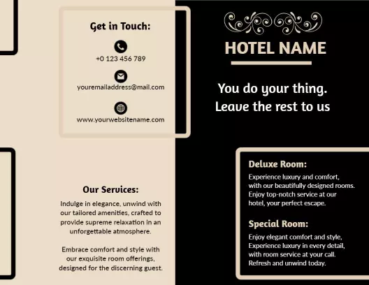 Elegant Black and Gold Hotel Services & Room Offerings Brochure Template