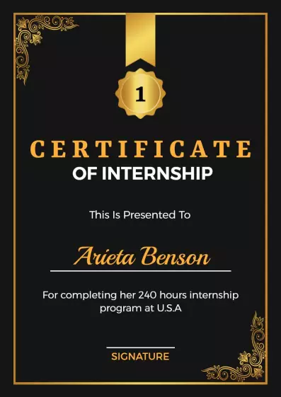 Elegant Black and Gold Internship Achievement Certificate Template