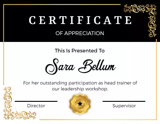 Elegant Black and Gold Leadership Workshop Appreciation Certificate Template