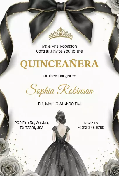 Elegant Black and Gold Quinceanera Celebration Invitation Template