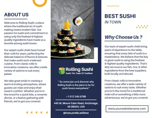 Elegant Black and Gold Sushi Restaurant Tri Fold Brochure Template