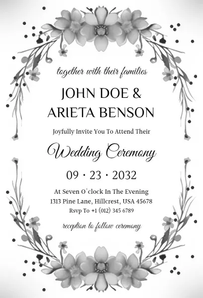 Elegant Black and White Floral Wedding Ceremony Invitation Template