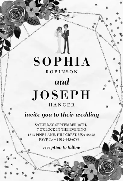 Elegant Black and White Floral Wedding Invitation Template