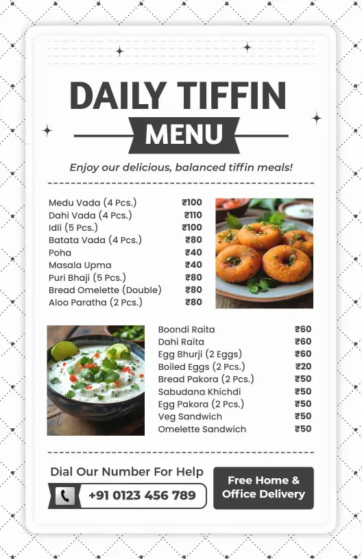 Elegant Black and White Indian Tiffin Menu Template