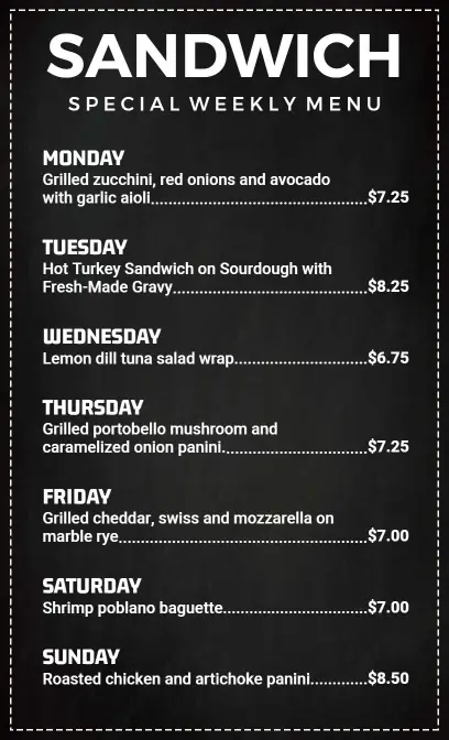 Elegant Black and White Sandwich Weekly Menu Template