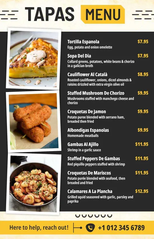 Elegant Black and Yellow Spanish Tapas Dining Menu Template
