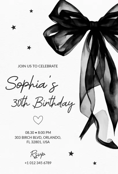 Elegant Black Bow 30th Birthday Celebration Invitation Template